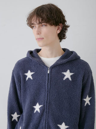 Man wearing navy Powder Star Jacquard Zip Up Hoodie by Gelato Pique USA, featuring star design, premium loungewear, perfect for sleepwear.