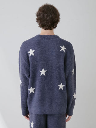 Navy blue Powder Star Jacquard Pullover Sweater by Gelato Pique USA, featuring star patterns, ideal for premium loungewear and sleepwear.