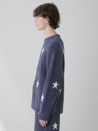 Man wearing navy Gelato Pique USA Powder Star Jacquard Pullover Sweater, featuring white star pattern, premium loungewear and sleepwear.