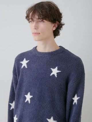 Navy Powder Star Jacquard Pullover Sweater from Gelato Pique USA, featuring star pattern, premium loungewear and sleepwear.