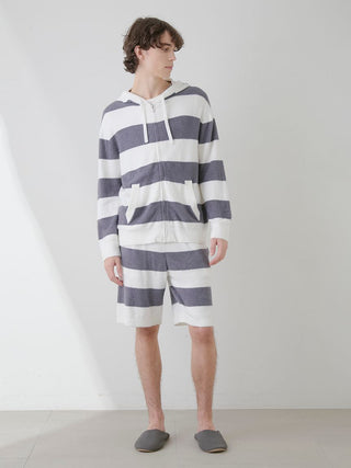 Male model wearing Smoothie 2-Border Zip Hoodie in navy and white stripes by Gelato Pique USA, ideal for premium loungewear and sleepwear.