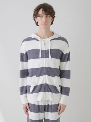 Gelato Pique USA men's Smoothie 2-Border Zip Hoodie in white and gray stripes, premium loungewear and sleepwear