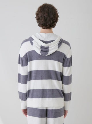 Back view of a men's Smoothie 2-Border Zip Hoodie in gray and white stripes, crafted by Gelato Pique USA. Premium loungewear and sleepwear.