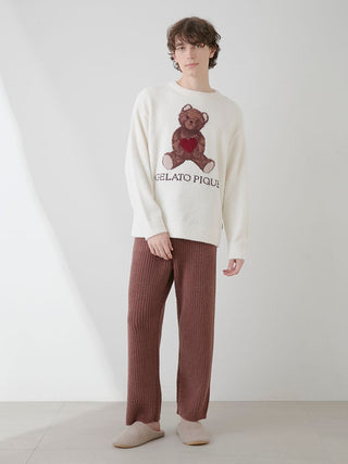 Alt Tag: Valentine MEN'S Baby Moco Bear Jacquard Pullover Sweater in white by Gelato Pique USA, premium cozy loungewear.