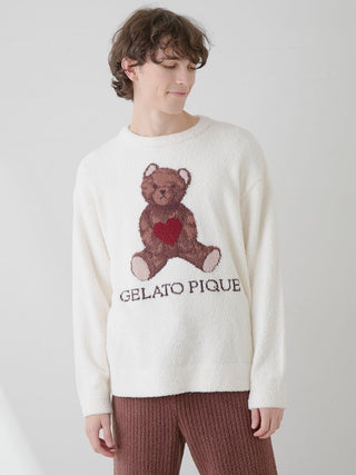 Valentine MEN’S white Baby Moco Bear Jacquard Pullover Sweater by Gelato Pique USA, premium cozy loungewear and sleepwear.