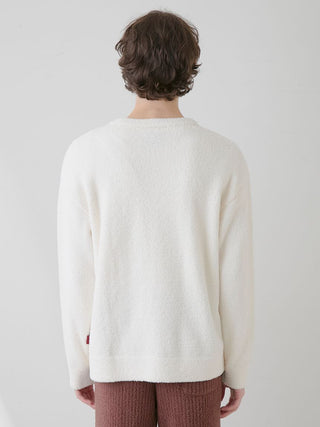 Back view of a white Gelato Pique USA Premium Mens Baby Moco Bear Jacquard Pullover Sweater, cozy loungewear for Valentine's sleepwear.