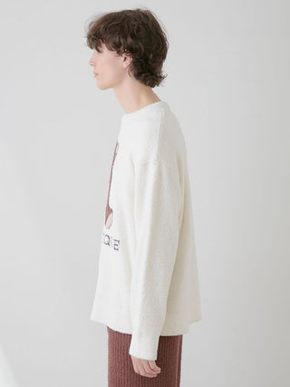 Side view of model wearing white Valentine MEN'S Baby Moco Bear Jacquard Pullover Sweater by Gelato Pique USA, premium loungewear.