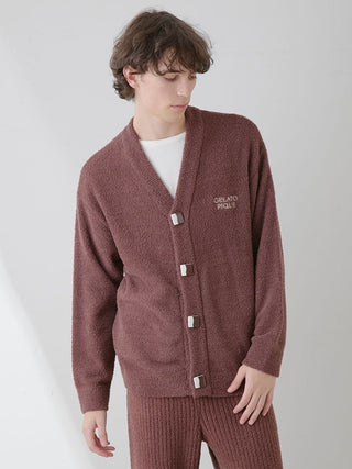 Man wearing a brown Gelato Pique USA Baby Moco Chocolate Button-Up Cardigan, ideal for cozy premium loungewear and sleepwear.