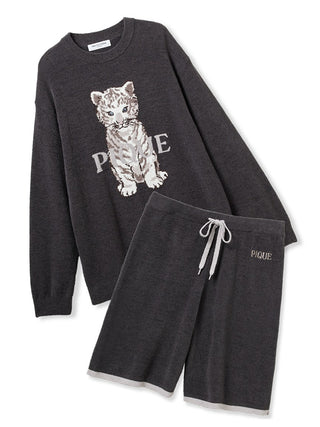 Gelato Pique USA dark gray pullover and shorts set featuring white tiger print and PIQUE logo. Premium loungewear and sleepwear.