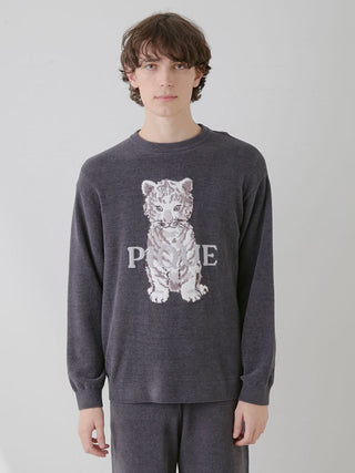 Model wearing Gelato Pique USA men's white tiger pullover in dark grey with jacquard design.