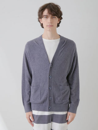 Man wearing a gray Smoothie Button Up Cardigan by Gelato Pique USA, showcasing premium loungewear and sleepwear style.