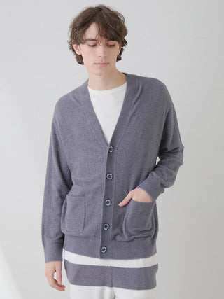 Model wearing Gelato Pique Smoothie Button Up Cardigan in grey showcasing its plush fabric and classic button-up design.