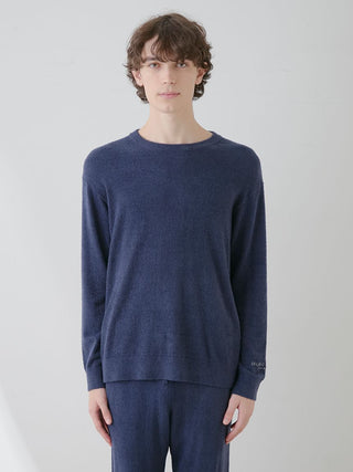 Model wearing navy MEN'S Thermal Smoothie Pullover Sweater by Gelato Pique USA, premium loungewear and sleepwear option.