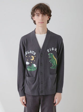 Men's Air Moco Dinosaur Jacquard Cardigan by Gelato Pique USA, premium loungewear featuring playful dinosaur design, button-up style.