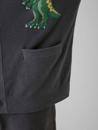 Close-up of dinosaur jacquard design on men's Air Moco cardigan by Gelato Pique USA. Premium loungewear with unique style.