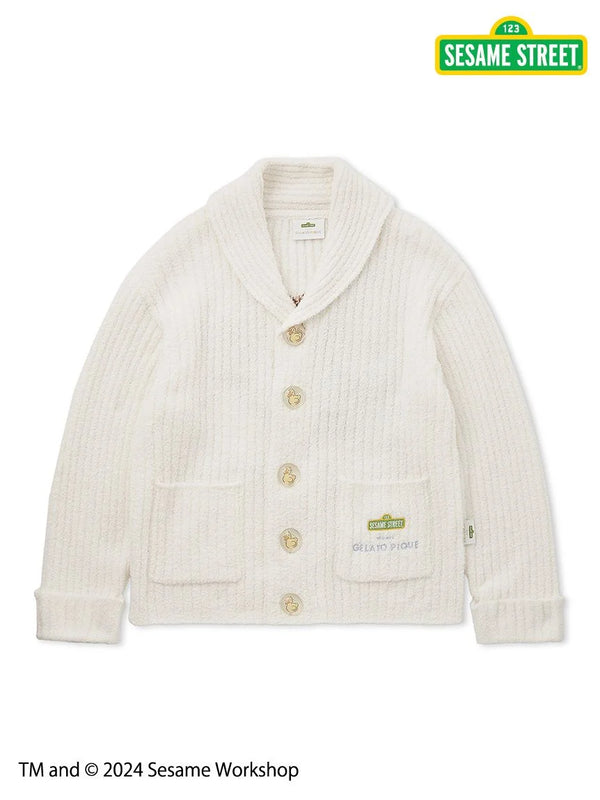 SESAME STREET unisex powder jacquard shawl cardigan with classic button design and shawl collar.