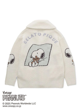 Unisex Snoopy Bear Jacquard Shawl Cardigan by Gelato Pique, featuring Snoopy with a teddy bear on cream fabric. Cozy and chic design.