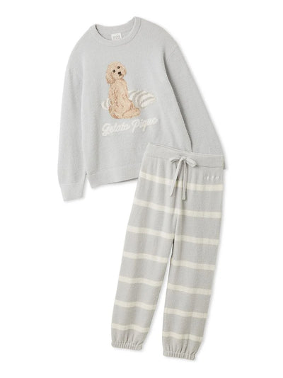 Unisex Airy Moco Playful Dog Jacquard Pullover & Long Pants Set gelato pique