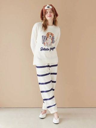 Unisex Airy Moco Playful Dog Jacquard Pullover & Long Pants Set