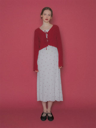 Cherry Pattern Lace-Up Cropped Cardigan and Midi Skirt Loungewear Set in Red, Comfy and Luxury Women's Loungewear Cardigan at Gelato Pique USA.