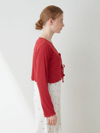 Cherry Pattern Lace-Up Cropped Cardigan and Midi Skirt Loungewear Set in Red, Comfy and Luxury Women's Loungewear Cardigan at Gelato Pique USA.