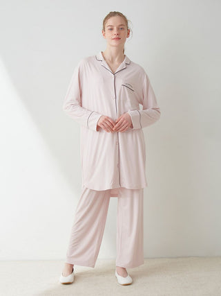Rayon Piping Long Sleeve Sleep Shirt in pink, Women's Loungewear Shirt Sleepwear Shirt, Lounge Set at Gelato Pique USA.