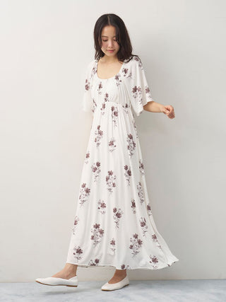 Cool Rayon Cosmos Printed Flare Sleeve Dress with Built-In Bra