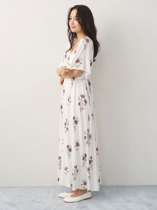 Cool Rayon Cosmos Printed Flare Sleeve Dress with Built-In Bra