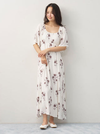 Cool Rayon Cosmos Printed Flare Sleeve Dress with Built-In Bra