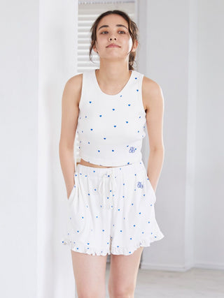 Heart Print Frill Lounge Shorts in BLUE, Women's Loungewear Shorts at Gelato Pique USA.