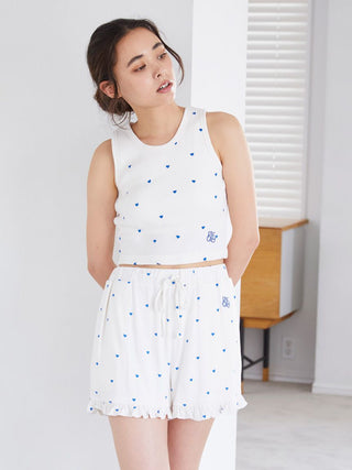 Heart Print Frill Lounge Shorts in BLUE, Women's Loungewear Shorts at Gelato Pique USA.