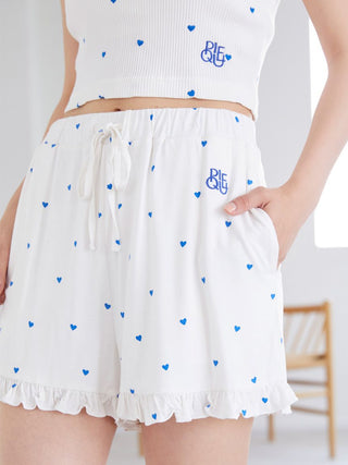 Heart Print Frill Lounge Shorts in BLUE, Women's Loungewear Shorts at Gelato Pique USA.