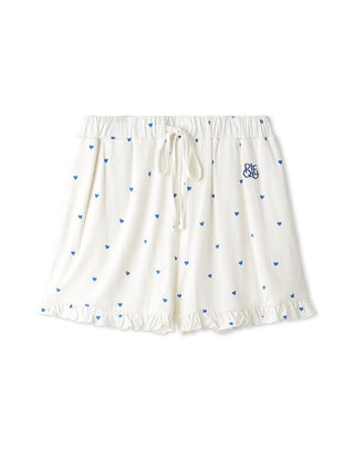 Heart Print Frill Lounge Shorts in BLUE, Women's Loungewear Shorts at Gelato Pique USA.