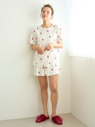 Strawberry Print Lounge Shorts in OFF WHITE, Women's Loungewear Shorts at Gelato Pique USA.