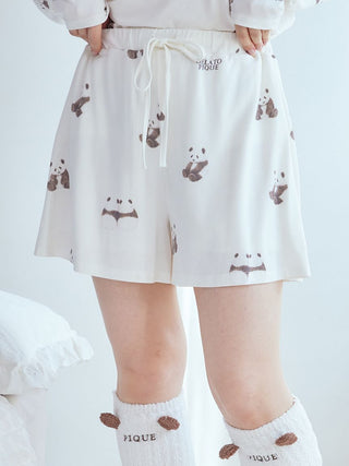 Women's white shorts with a panda pattern in brown and pink, Gelato Pique USA, showcasing premium loungewear and sleepwear style.