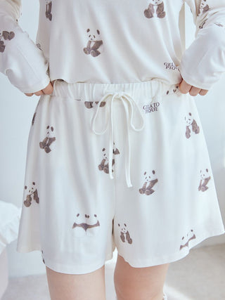 Panda pattern lounge shorts in gentle brown and pink by Gelato Pique USA, premium loungewear with silky texture for sleepwear comfort.