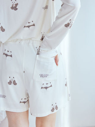 Panda Pattern Lounge Shorts in soft brown and pink, premium loungewear from Gelato Pique USA, featuring a silky texture with adorable pandas.