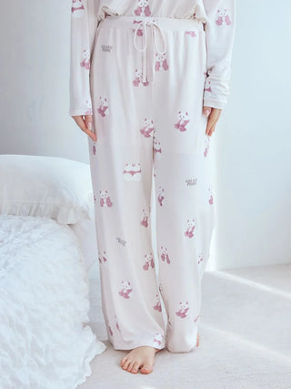 Gelato Pique USA Panda Pattern Pajama Pants in white with brown and pink pandas, premium loungewear and sleepwear.