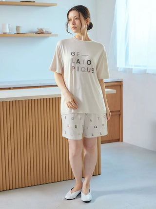 Woman wearing Gelato Pique USA Rayon Logo Motif Lounge Shorts, showcasing premium loungewear with stylish logo design.