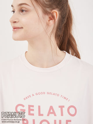 Get ready to look stylish and cool with Gelato Pique's Loungewear T-shirt featuring Snoopy and Woodstock taking a nap on top of a realistic gelato design.  Pink in neck focus. 