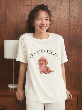 DOG Pattern One Point Lounge T-Shirt in off white, Women's Loungewear Tops, T-shirt , Tank Top at Gelato Pique USA.