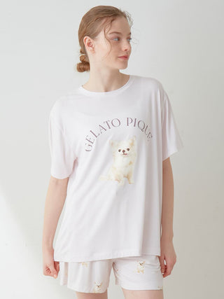 DOG Pattern One Point Lounge T-Shirt in pink, Women's Loungewear Tops, T-shirt , Tank Top at Gelato Pique USA.