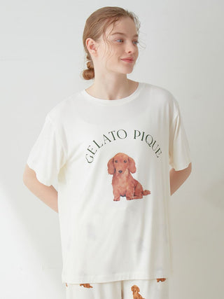DOG Pattern One Point Lounge T-Shirt in off white, Women's Loungewear Tops, T-shirt , Tank Top at Gelato Pique USA.
