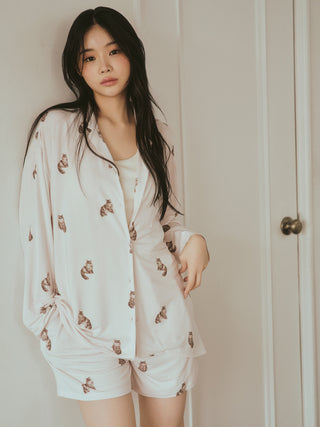 CAT Pattern Long Sleeves Pajama Sleep Shirt in PINK, Women's Loungewear Shirt Sleepwear Shirt, Lounge Set at Gelato Pique USA.