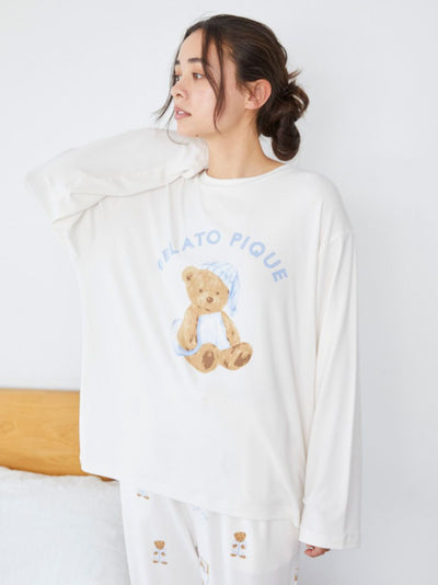 GOOD NIGHT BEAR Motif Long Sleeve Lounge Top gelato pique