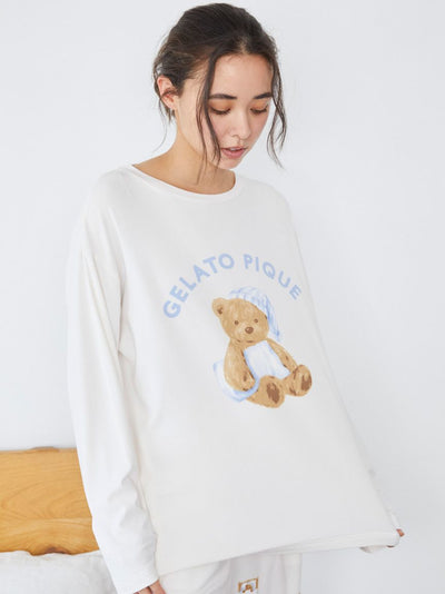 GOOD NIGHT BEAR Motif Long Sleeve Lounge Top gelato pique