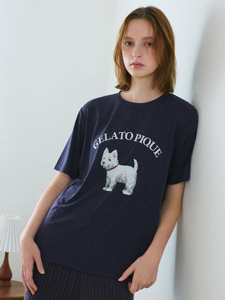 Westie One point Relaxed Fit T-shirt in Navy, Women's Loungewear Shirt Sleepwear Shirt, Lounge Set at Gelato Pique USA