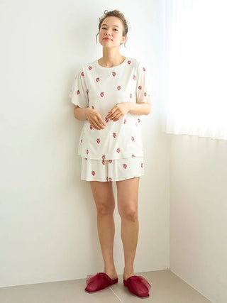 Strawberry Print Short Sleeve Shirts in OFF WHITE, Women's Loungewear Shirt Sleepwear Shirt, Lounge Set at Gelato Pique USA.