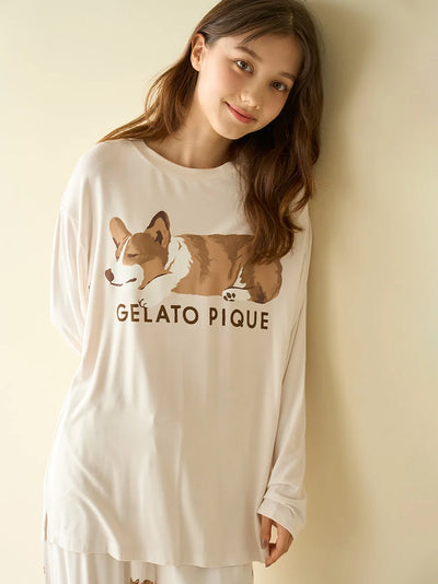 SLEEPING DOG Embroidery Long Sleeve T-Shirt gelato pique