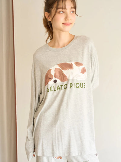 SLEEPING DOG Embroidery Long Sleeve T-Shirt gelato pique